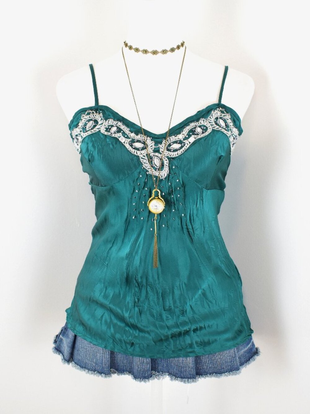 Vintage 2000s Y2K NWT Teal Blue Green Silk Silver Embroidered Beaded Cami Top